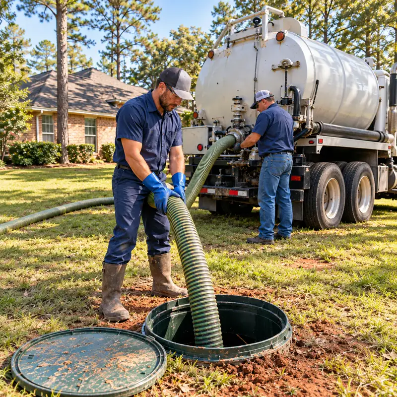 Technicians pumping a residential septic tank with a vacuum truck in Tyler, TX