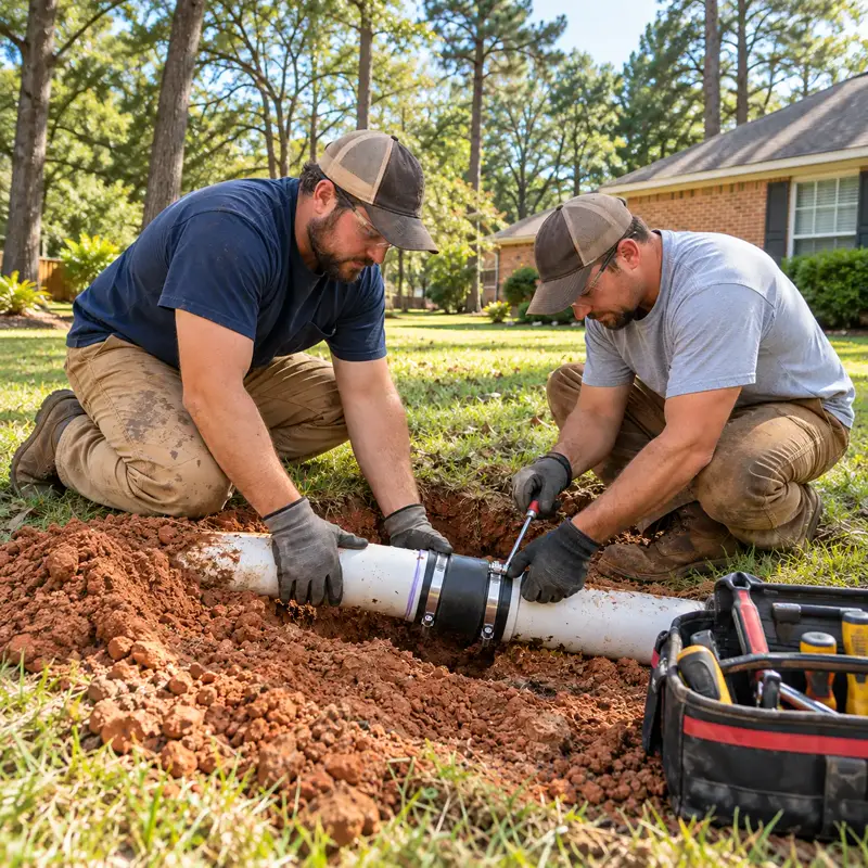 Two workers repairing a septic pipe in red East Texas clay
